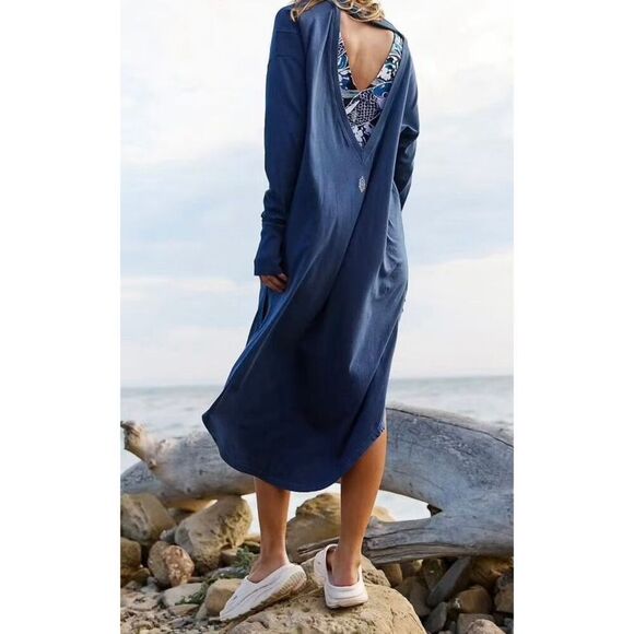 Free People Movement Long Game Layer Dress size M Blue Oversized Midi Long Sleev - Picture 1 of 12